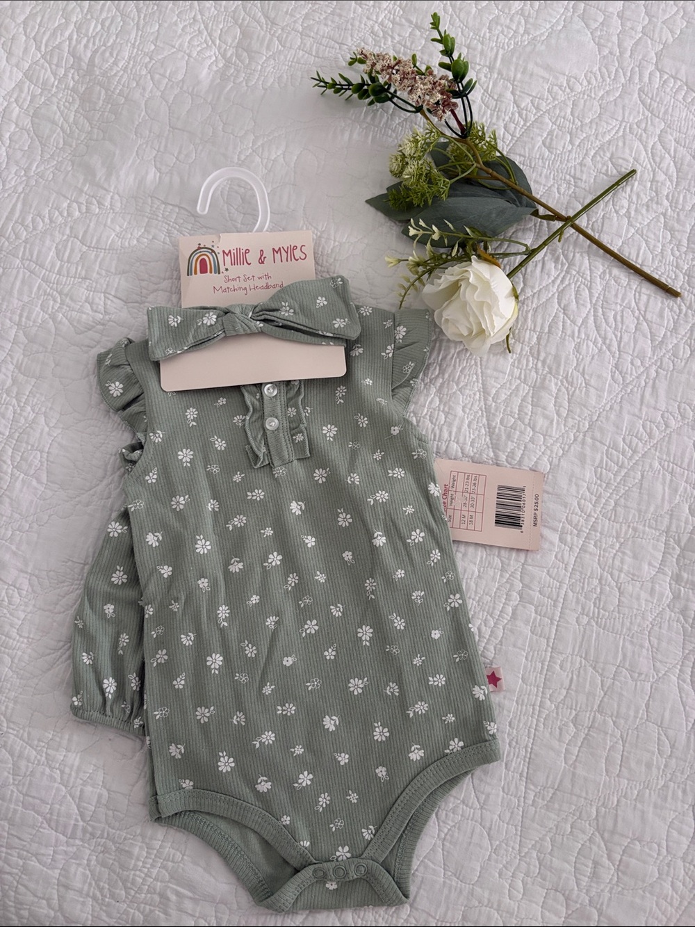 Sage Green Floral Baby Bodysuit with Matching Headband and shorts